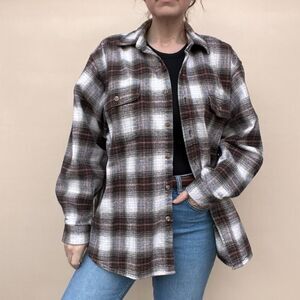 Vintage Field & Stream Brown White Thick Flannel Plaid Long Sleeve Cotton XXL